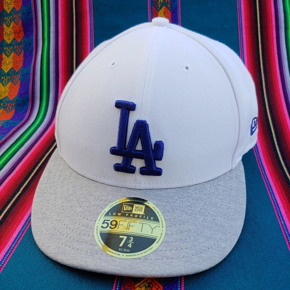 New Era Dodgers 59FIFTY Low Profile 7 3/4 Baseball Cap White Gray and Blue Logo